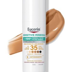 Eucerin Sun Tinted Mineral Face Sunscreen Lotion SPF 35 50 mLBlendable Tinted, Mineral Sunscreen, all skin tones, Zinc Oxide, 5 Antioxidants, Daily Sunscreen, pump